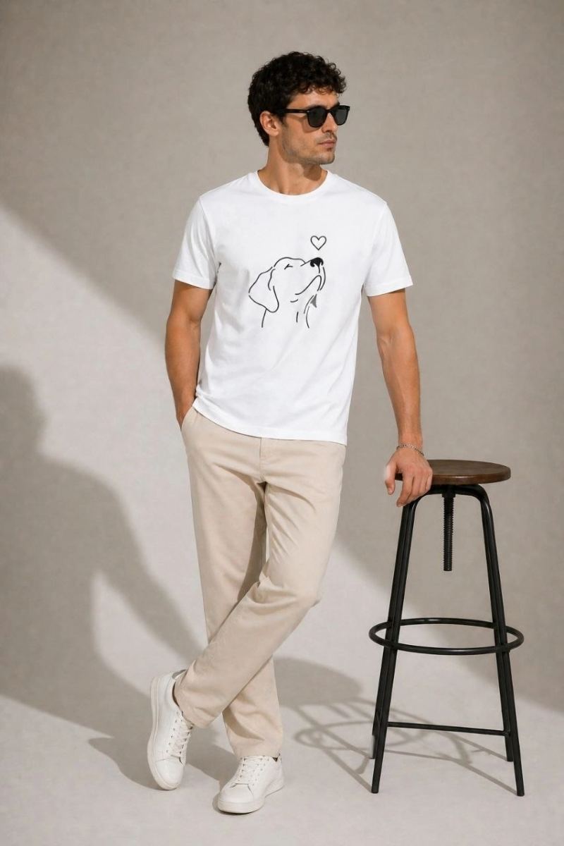 Erkek Köpek Figürlü Minimal Baskılı Tişört Kısa Kol Yazlık T-Shirt - Beyaz