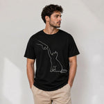 Erkek Minimal Kedi Çizim Baskılı Tişört Kısa Kol Yazlık T-Shirt - Siyah