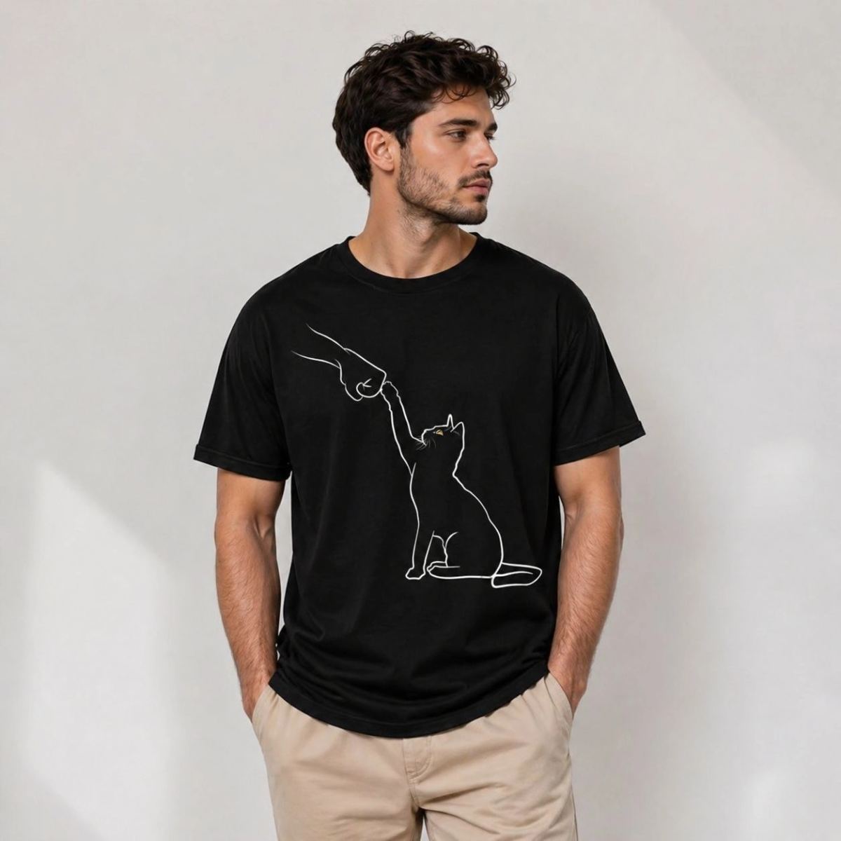 Erkek Minimal Kedi Çizim Baskılı Tişört Kısa Kol Yazlık T-Shirt - Siyah