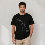 Erkek Minimal Kedi Çizim Baskılı Tişört Kısa Kol Yazlık T-Shirt - Siyah