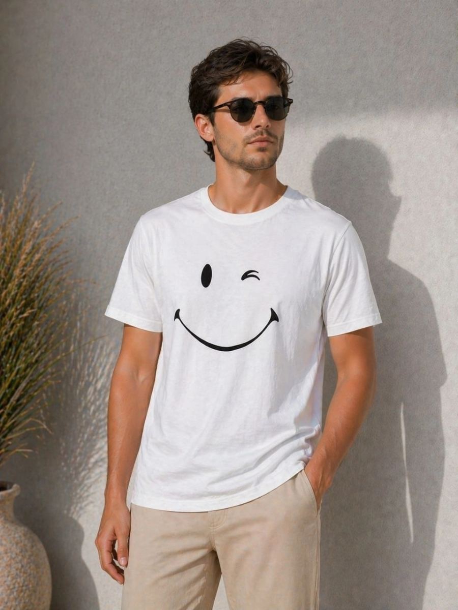 Erkek Minimal Gülümseyen Yüz Baskılı Tişört Kısa Kol Yazlık T-Shirt - Beyaz
