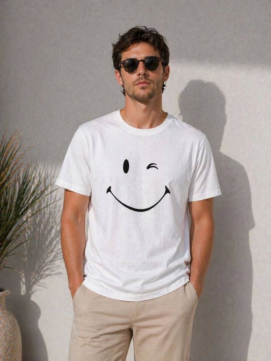 Erkek Minimal Gülümseyen Yüz Baskılı Tişört Kısa Kol Yazlık T-Shirt - Beyaz