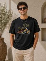 Erkek Motosiklet Baskılı Tişört Bisiklet Yaka Kısa Kol Yazlık T-Shirt - Siyah