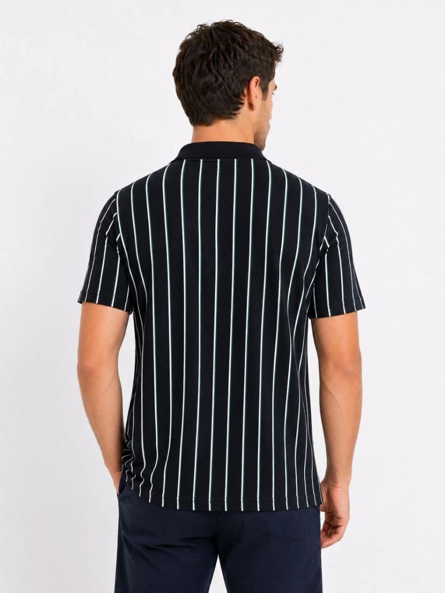 Erkek Pike Kumaş Çizgili Polo Yaka Tişört Kısa Kol Yazlık T-Shirt - Siyah
