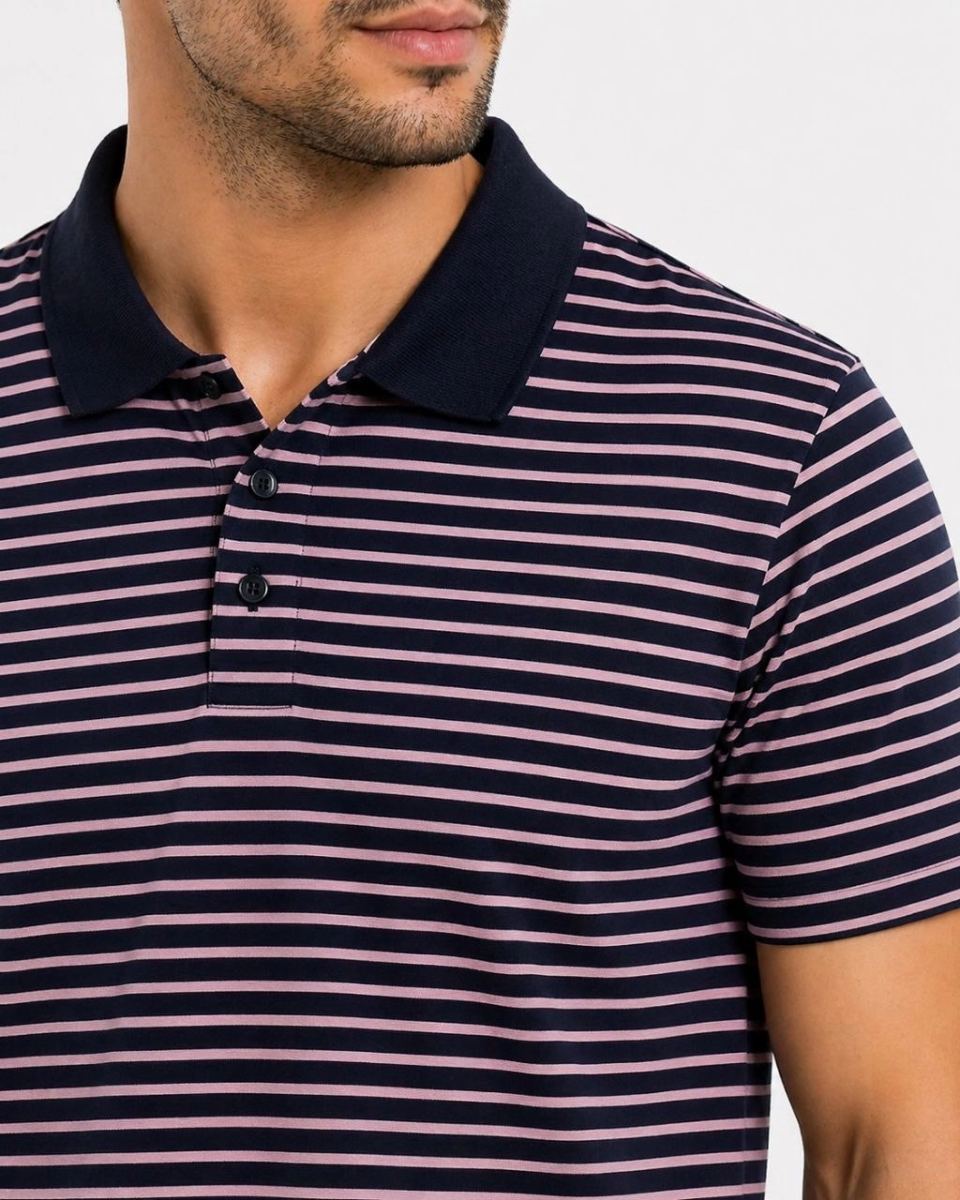 Erkek Pike Kumaş Gül Kurusu Çizgili Polo Yaka Tişört Kısa Kol T-Shirt - Siyah