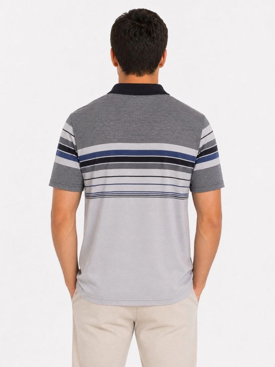 Erkek Flamlı Penye Çizgili Polo Yaka Tişört Kısa Kol Yazlık T-Shirt - Gri