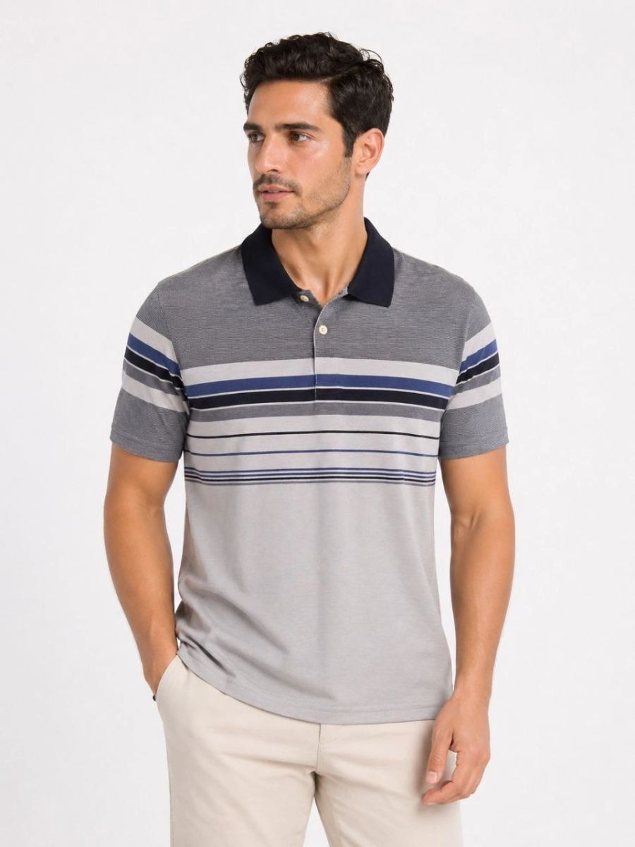 Erkek Flamlı Penye Çizgili Polo Yaka Tişört Kısa Kol Yazlık T-Shirt - Gri