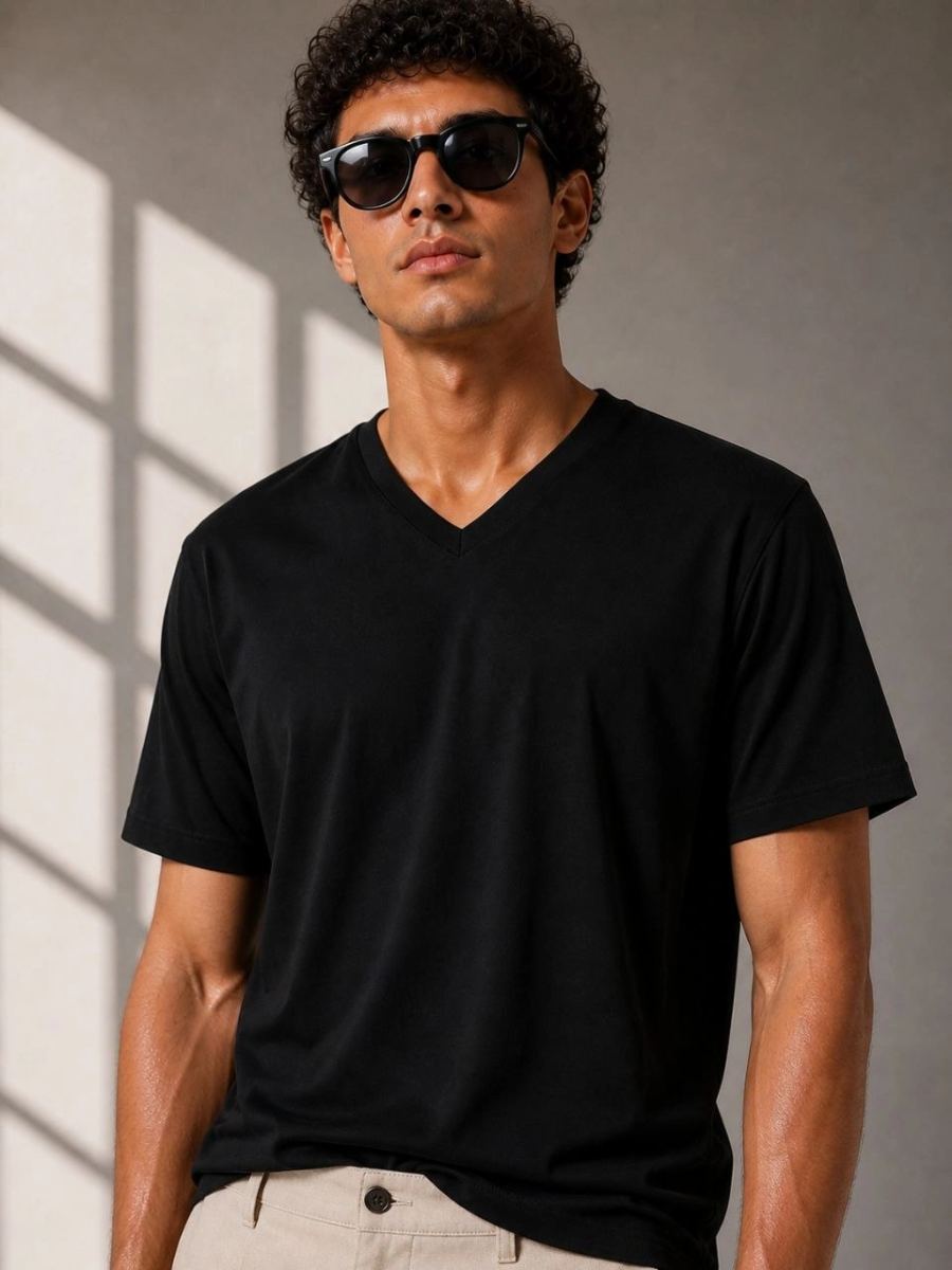 Erkek V Yaka Basic Tişört Kısa Kol Yazlık Regular Fit T-Shirt - Siyah