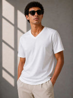 Erkek V Yaka Basic Tişört Kısa Kol Yazlık Regular Fit T-Shirt - Beyaz
