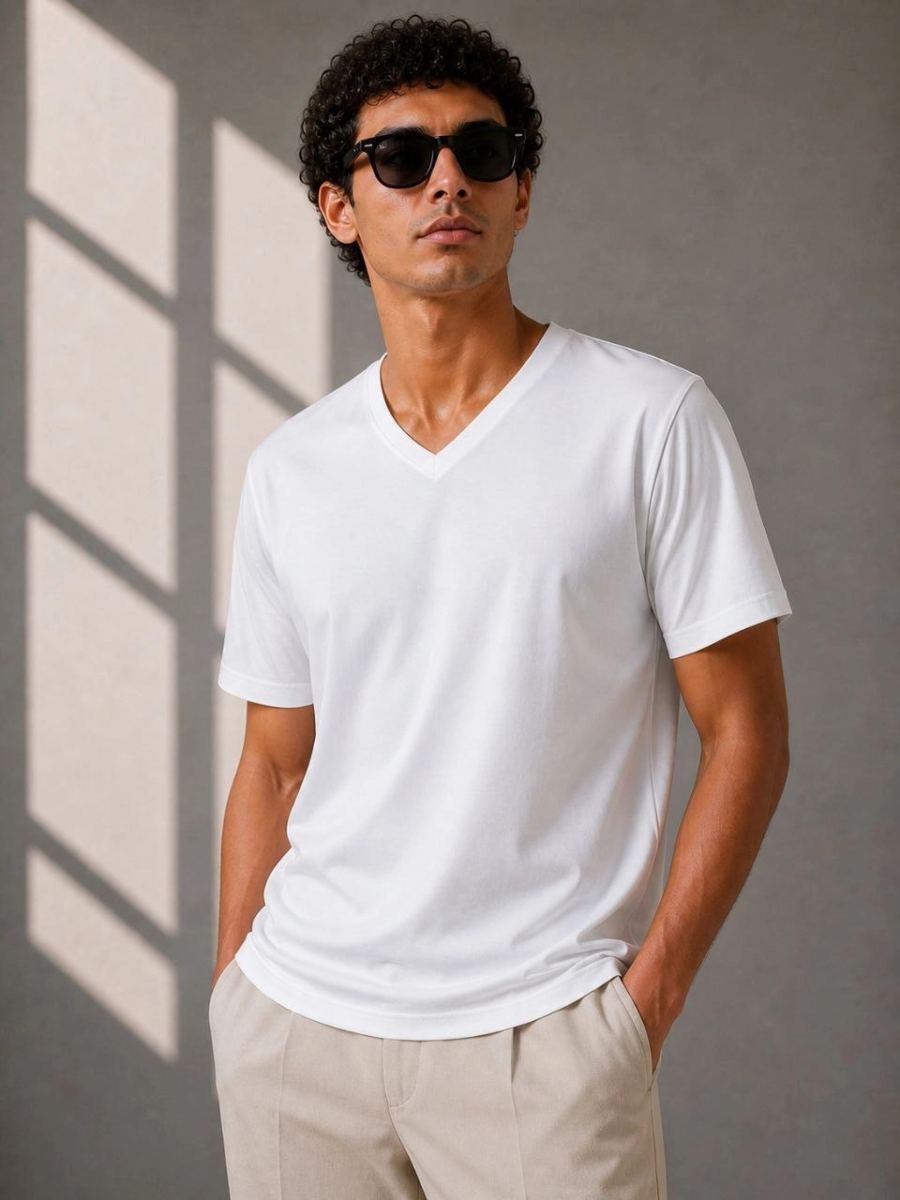 Erkek V Yaka Basic Tişört Kısa Kol Yazlık Regular Fit T-Shirt - Beyaz