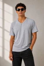 Erkek V Yaka Basic Tişört Kısa Kol Yazlık Regular Fit T-Shirt - Gri