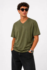 Erkek V Yaka Basic Tişört Kısa Kol Yazlık Regular Fit T-Shirt - Haki
