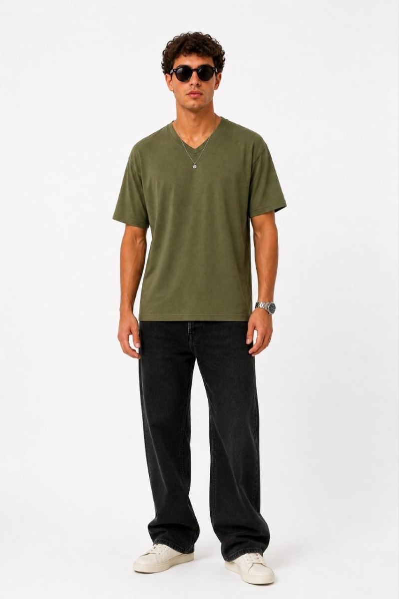 Erkek V Yaka Basic Tişört Kısa Kol Yazlık Regular Fit T-Shirt - Haki