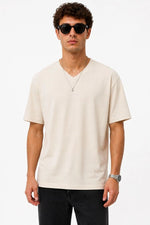 Erkek V Yaka Basic Tişört Kısa Kol Yazlık Regular Fit T-Shirt - Bej