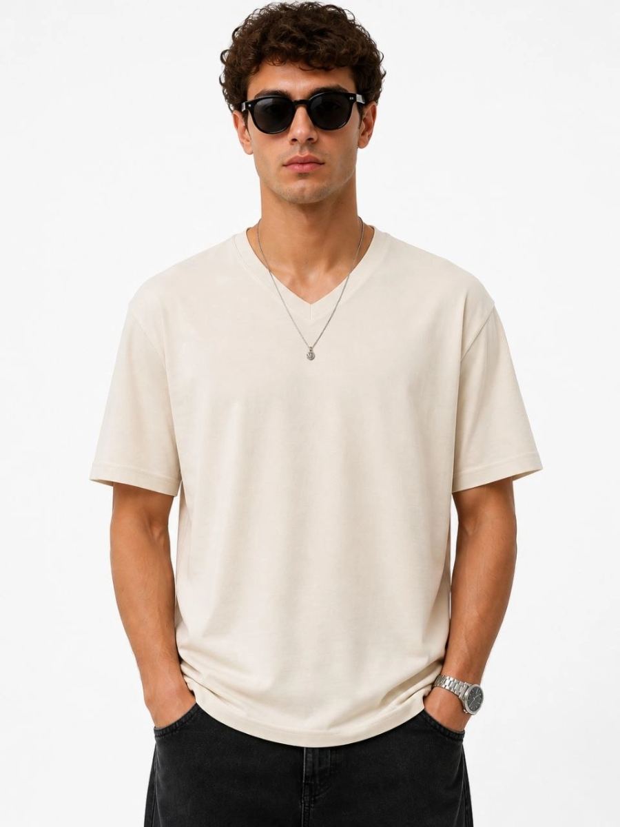 Erkek V Yaka Basic Tişört Kısa Kol Yazlık Regular Fit T-Shirt - Bej