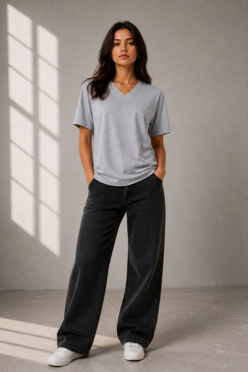 Kadın V Yaka Basic Tişört Kısa Kol Yazlık Regular Fit T-Shirt - Gri