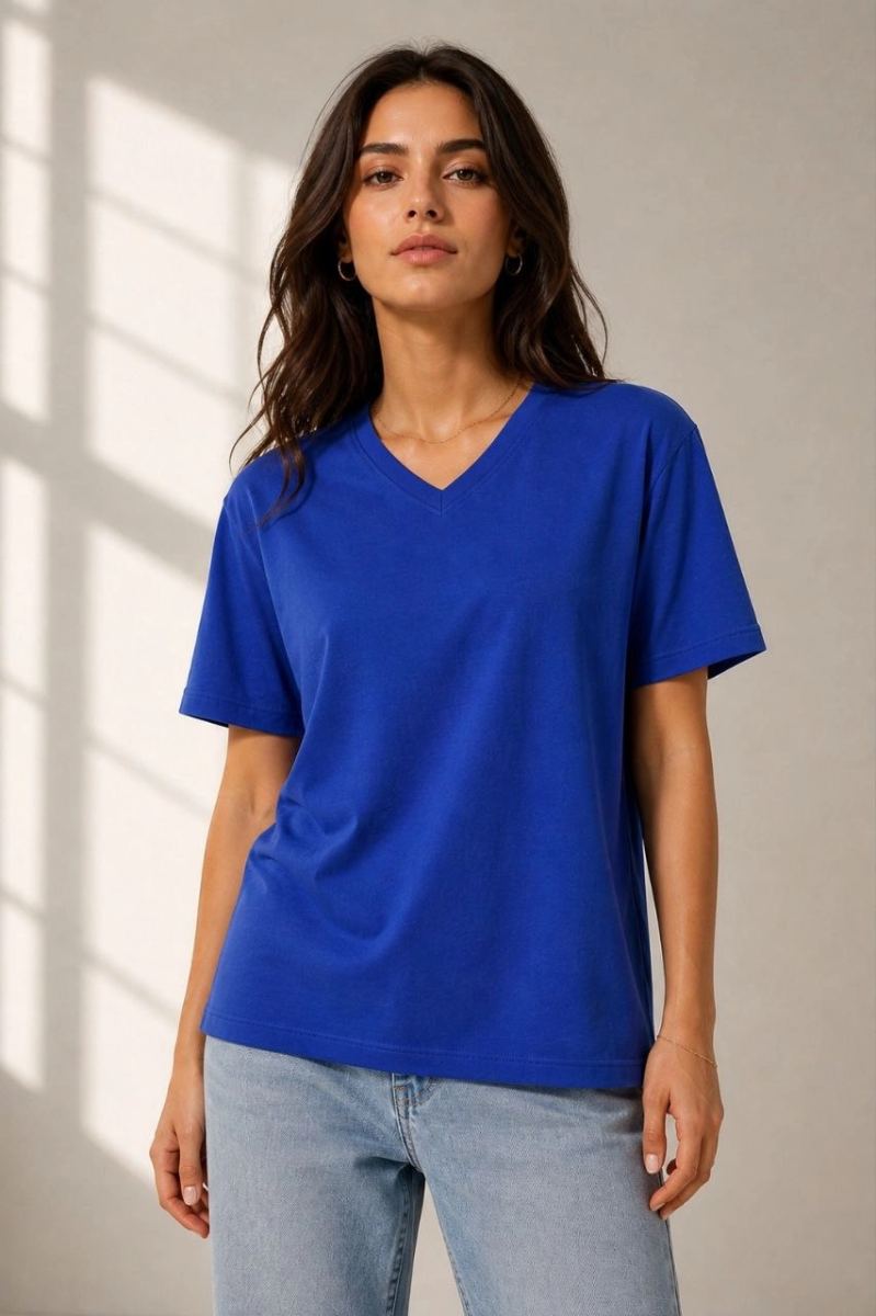 Kadın V Yaka Basic Tişört Kısa Kol Yazlık Regular Fit T-Shirt - Saks Mavisi