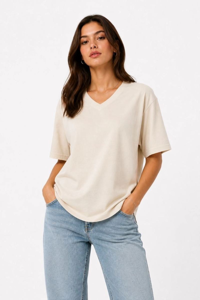 Kadın V Yaka Basic Tişört Kısa Kol Yazlık Regular Fit T-Shirt - Bej