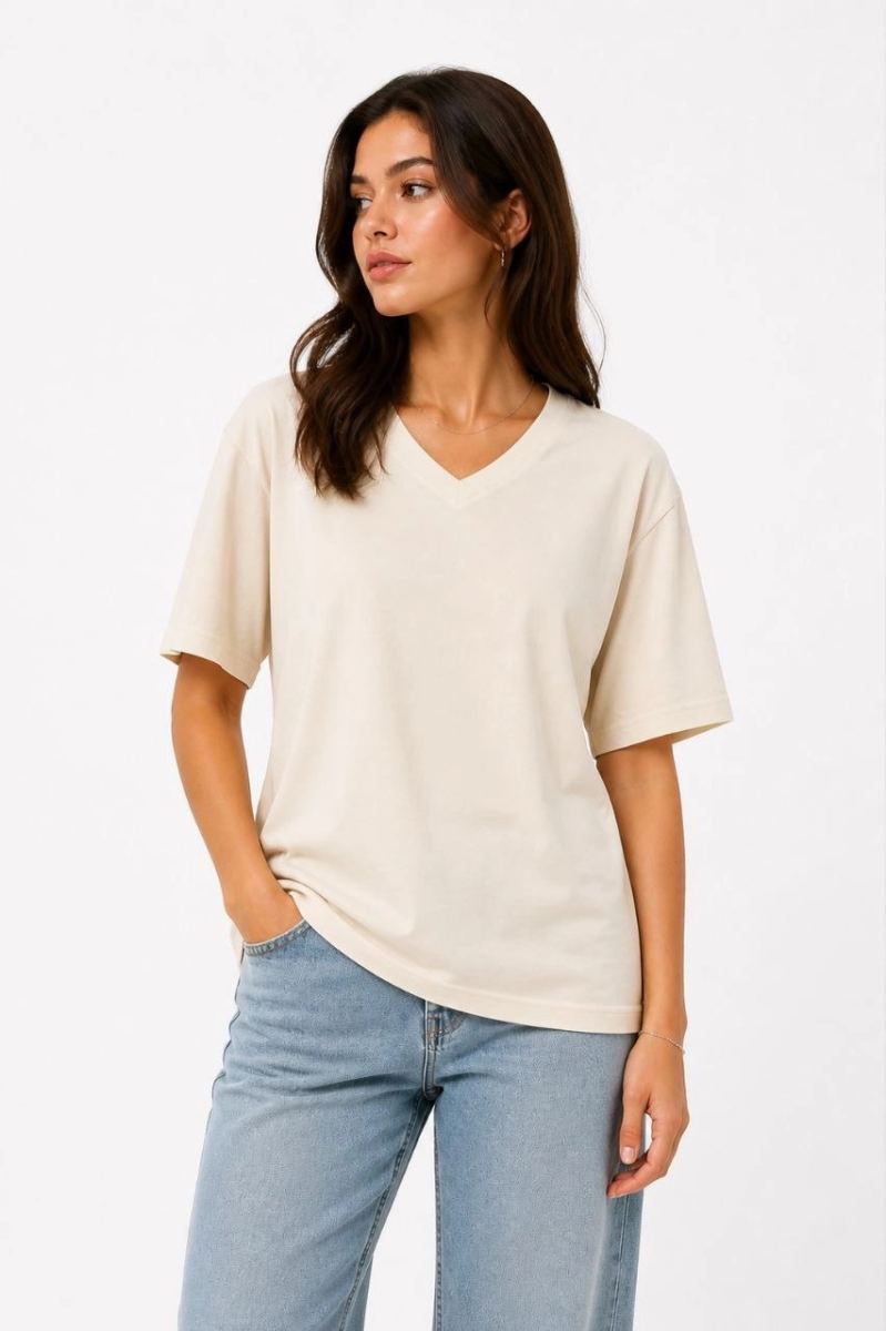 Kadın V Yaka Basic Tişört Kısa Kol Yazlık Regular Fit T-Shirt - Bej