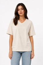 Kadın V Yaka Basic Tişört Kısa Kol Yazlık Regular Fit T-Shirt - Bej
