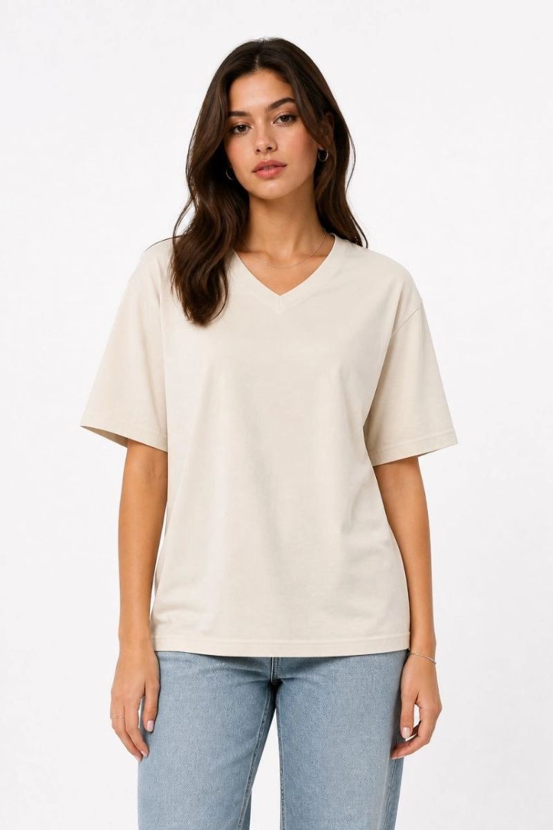 Kadın V Yaka Basic Tişört Kısa Kol Yazlık Regular Fit T-Shirt - Bej