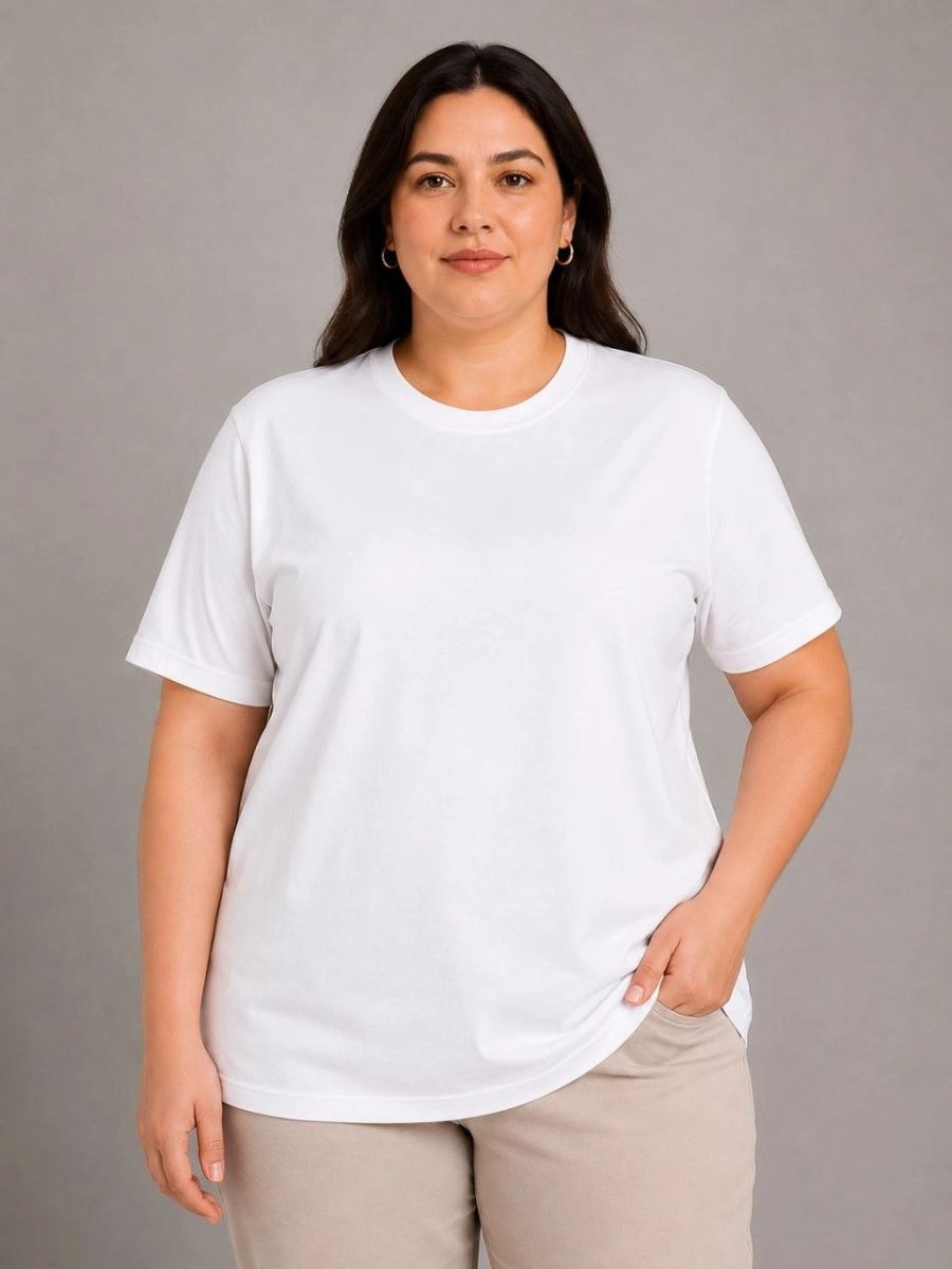 Kadın Battal Big Size Basic Tişört Bisiklet Yaka Rahat Kalıp T-Shirt - Beyaz