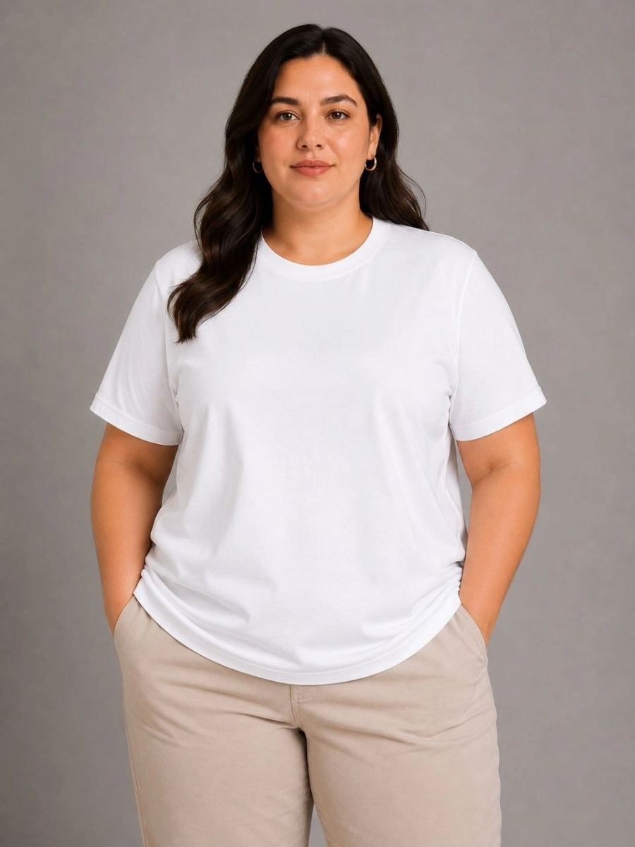 Kadın Battal Big Size Basic Tişört Bisiklet Yaka Rahat Kalıp T-Shirt - Beyaz