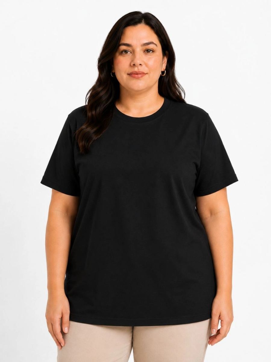 Kadın Battal Big Size Basic Tişört Bisiklet Yaka Rahat Kalıp T-Shirt - Siyah