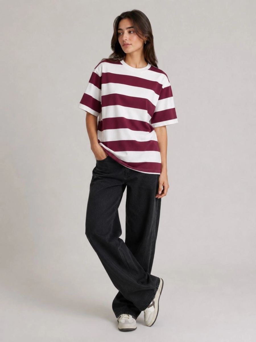 Kadın Çizgili Oversize Tişört Bisiklet Yaka Kısa Kol Yazlık T-Shirt - Bordo