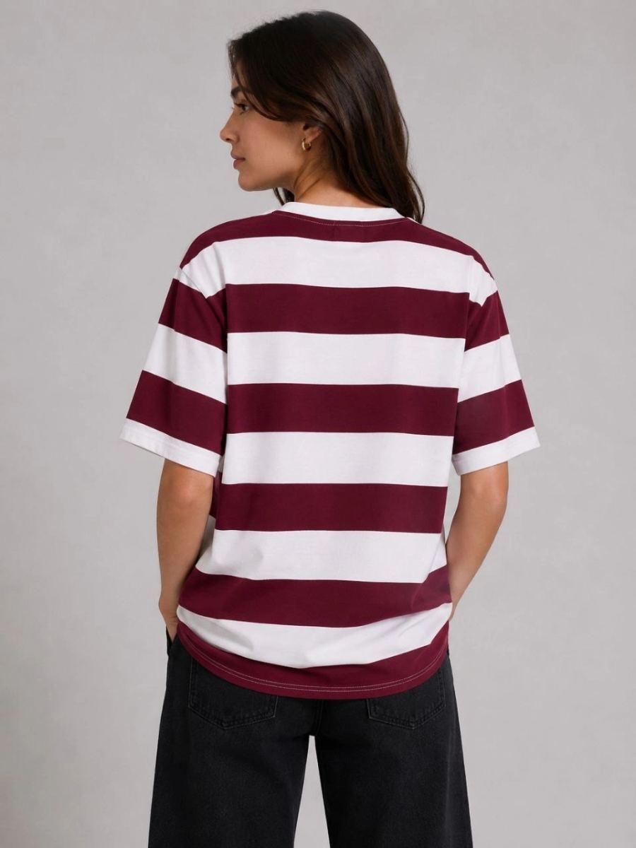 Kadın Çizgili Oversize Tişört Bisiklet Yaka Kısa Kol Yazlık T-Shirt - Bordo