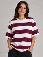 Kadın Çizgili Oversize Tişört Bisiklet Yaka Kısa Kol Yazlık T-Shirt - Bordo