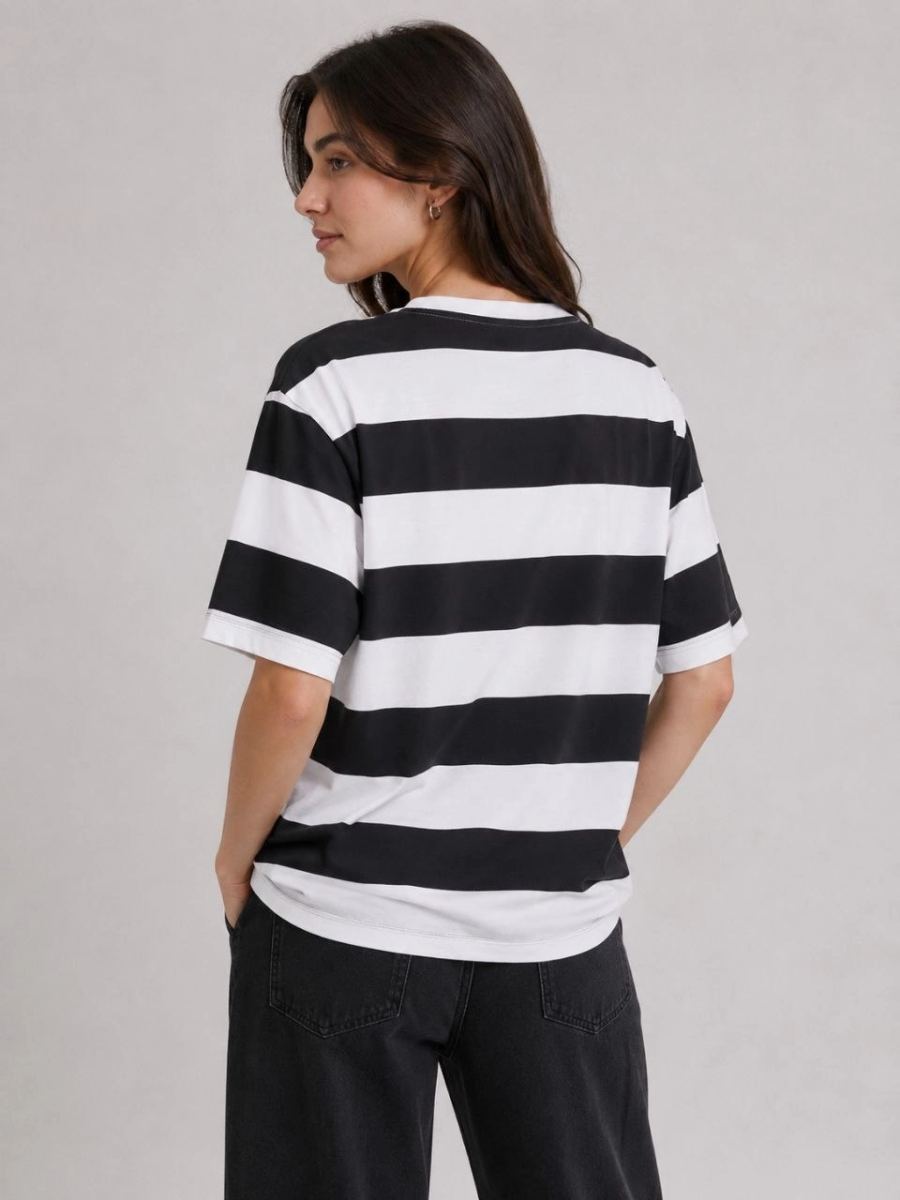 Kadın Çizgili Oversize Tişört Bisiklet Yaka Kısa Kol Yazlık T-Shirt - Siyah