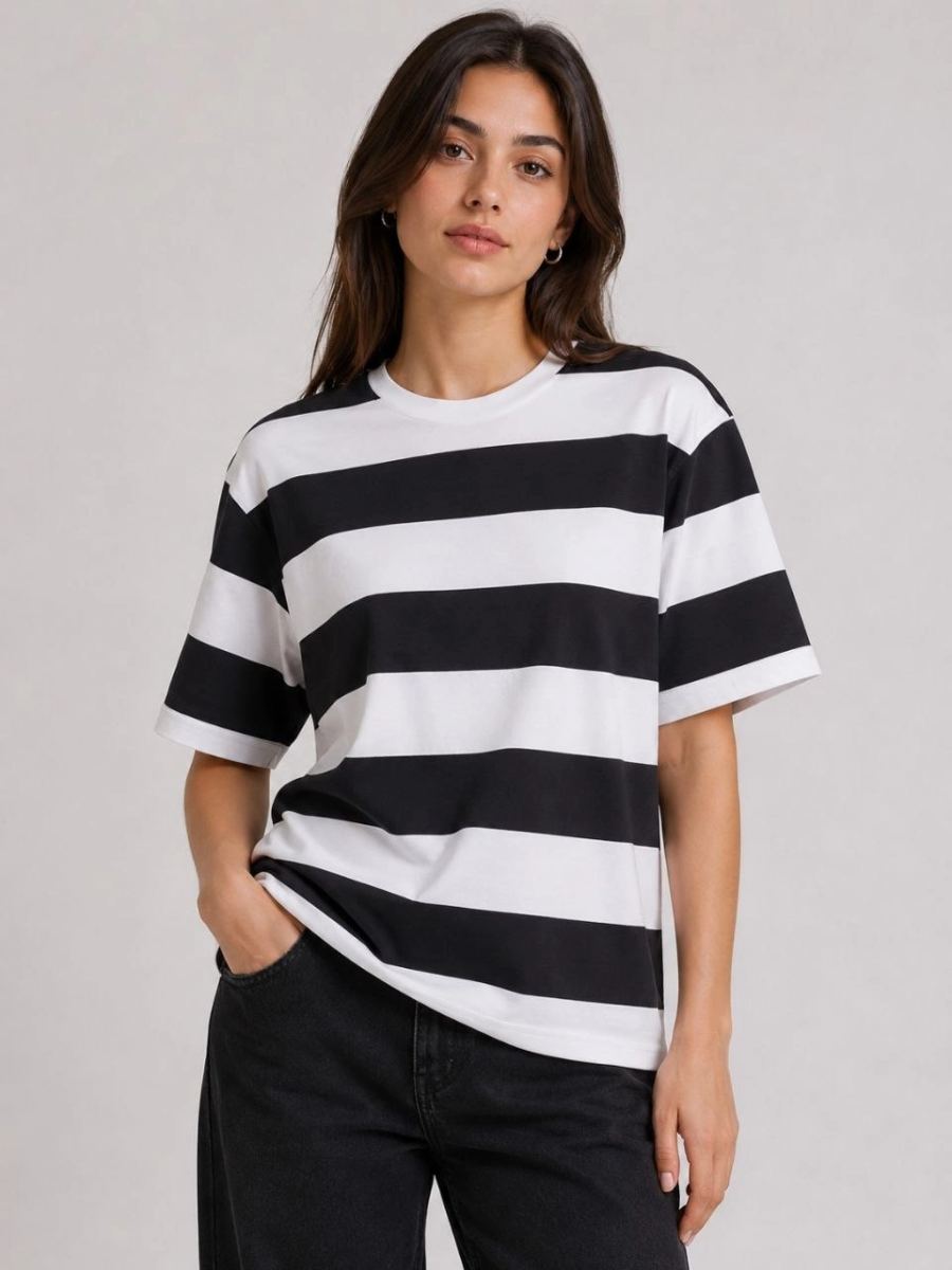 Kadın Çizgili Oversize Tişört Bisiklet Yaka Kısa Kol Yazlık T-Shirt - Siyah