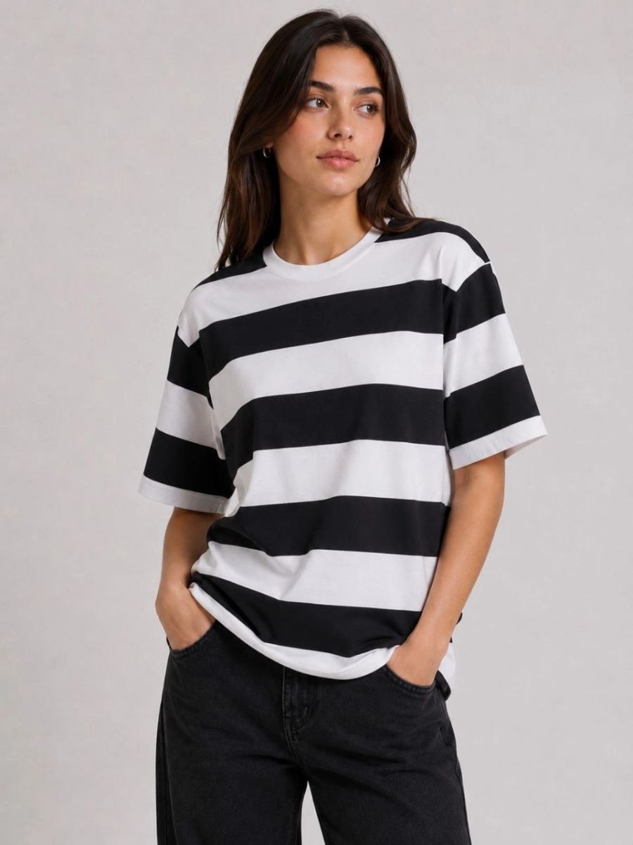 Kadın Çizgili Oversize Tişört Bisiklet Yaka Kısa Kol Yazlık T-Shirt - Siyah
