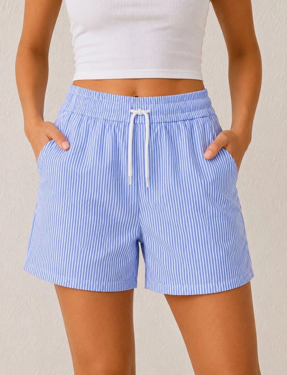 Kadın Su Yolu Çizgili Şort Ön Arka Cepli Lastikli Bel Regular Fit Yazlık Şort - Mavi