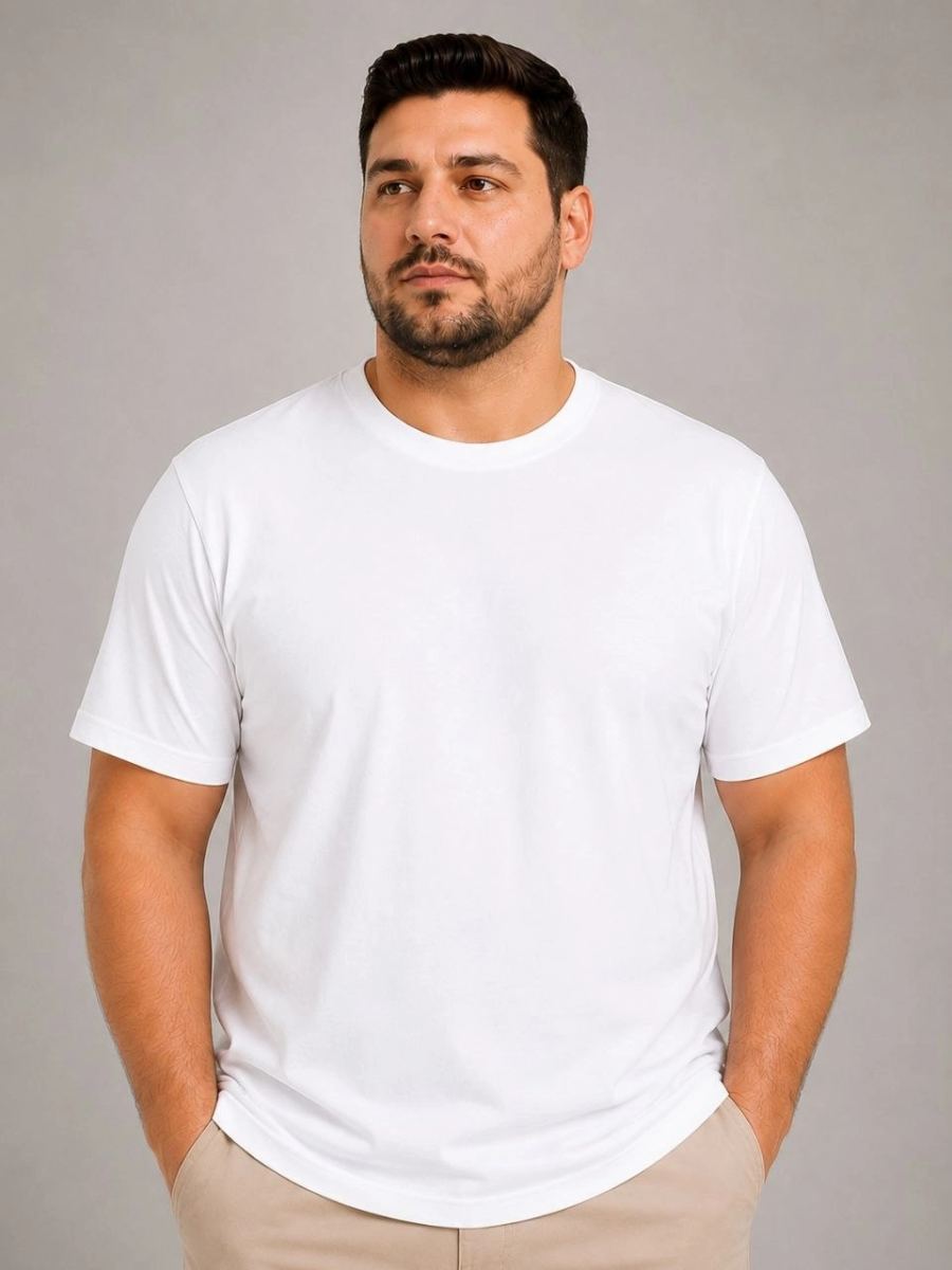 Erkek Battal Big Size Basic Tişört Bisiklet Yaka Rahat Kalıp T-Shirt - Beyaz