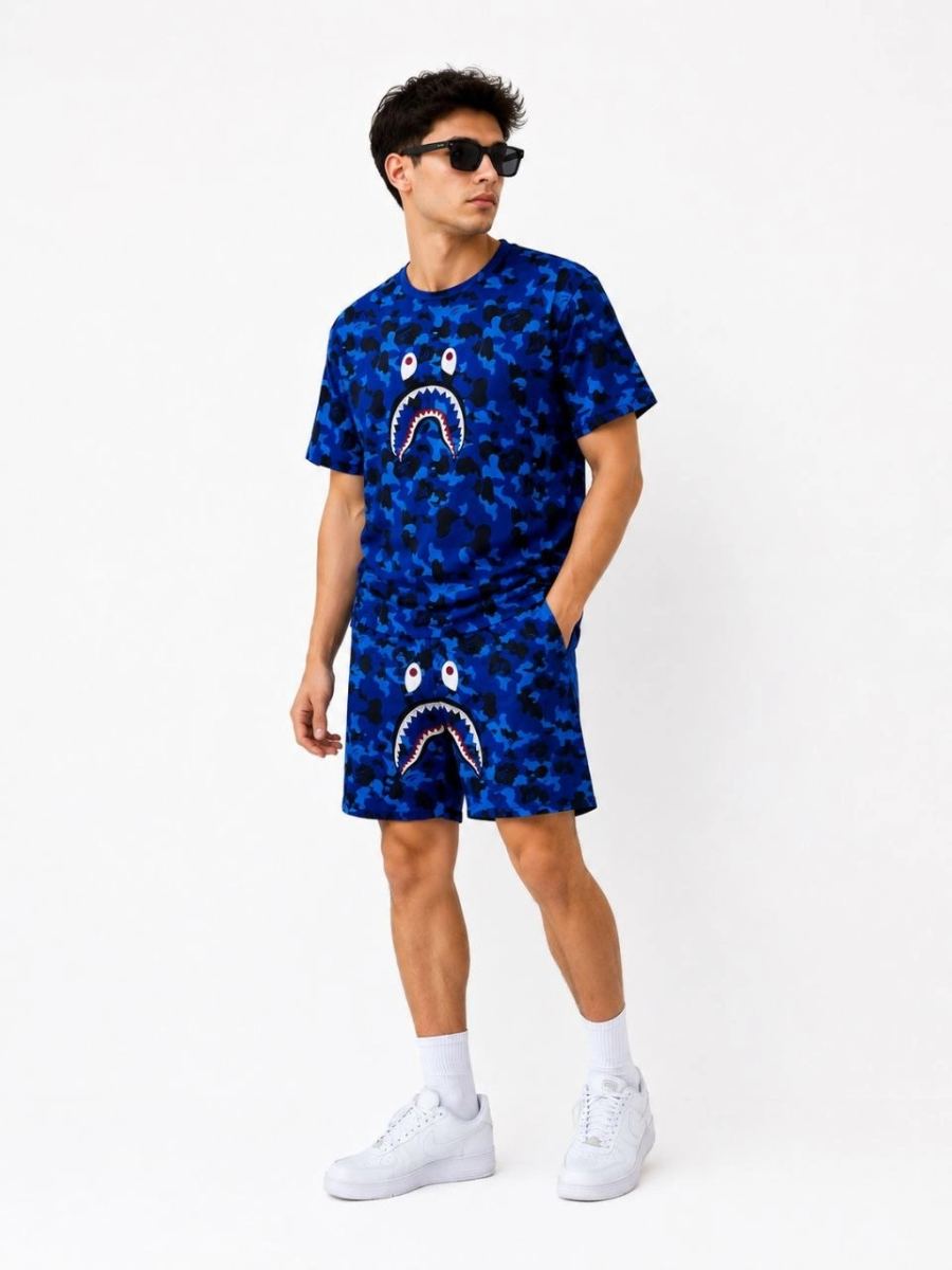Erkek Oversize Kalıp Pubg Bape X Shark Nakışlı Cepli Şort Takım - Mavi