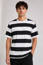 Erkek Çizgili Oversize Tişört Bisiklet Yaka Kısa Kol Yazlık T-Shirt - Siyah