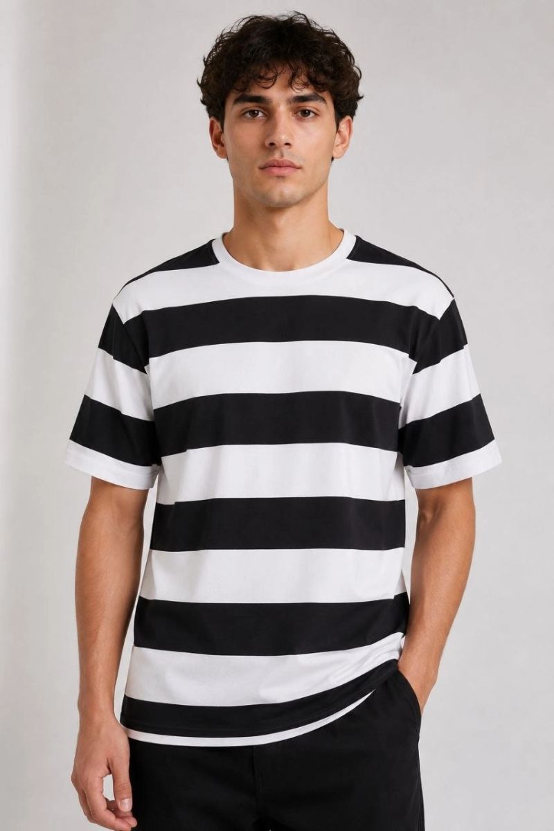 Erkek Çizgili Oversize Tişört Bisiklet Yaka Kısa Kol Yazlık T-Shirt - Siyah