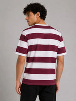 Erkek Çizgili Oversize Tişört Bisiklet Yaka Kısa Kol Yazlık T-Shirt - Bordo