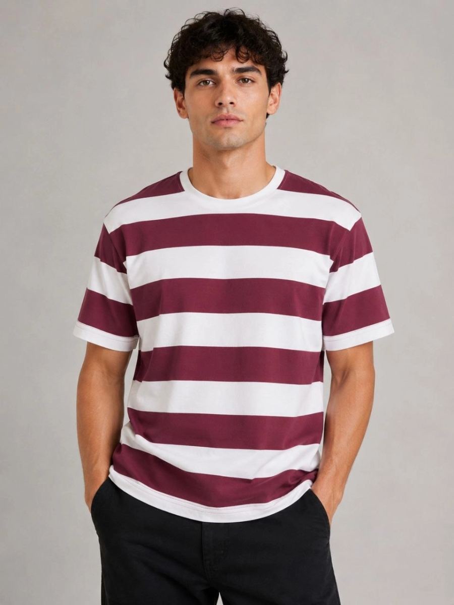 Erkek Çizgili Oversize Tişört Bisiklet Yaka Kısa Kol Yazlık T-Shirt - Bordo
