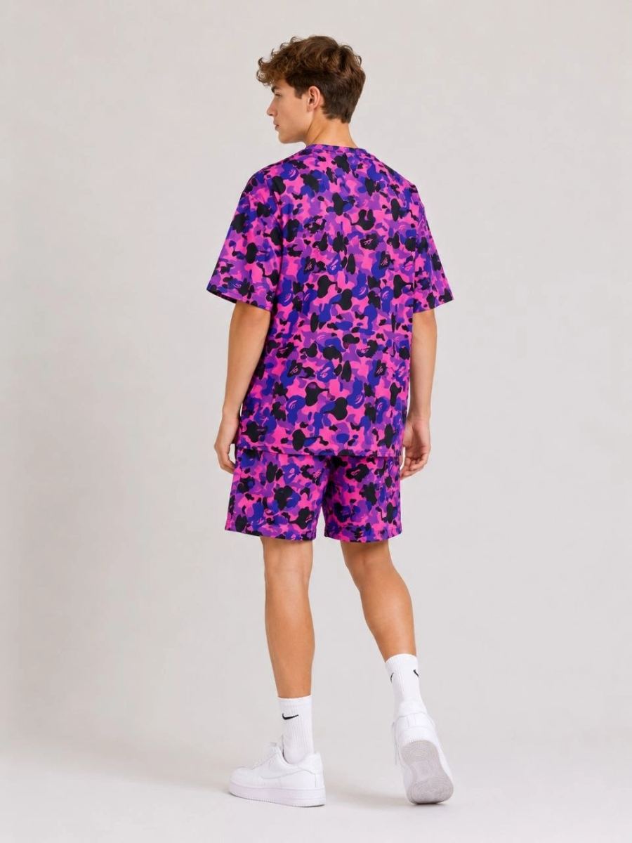 Erkek Çocuk Oversize Kalıp Pubg Bape X Shark Nakışlı Cepli Şort Takım - Mor