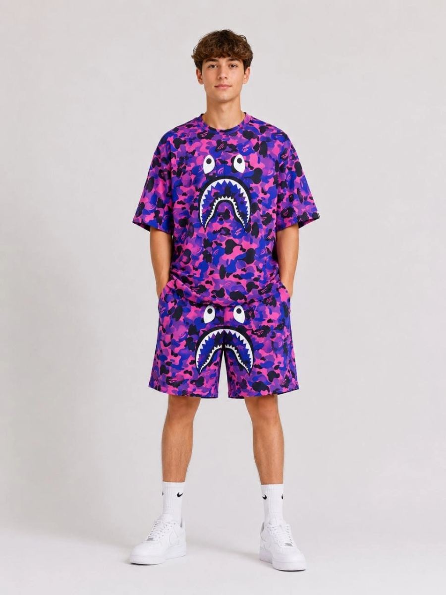 Erkek Çocuk Oversize Kalıp Pubg Bape X Shark Nakışlı Cepli Şort Takım - Mor