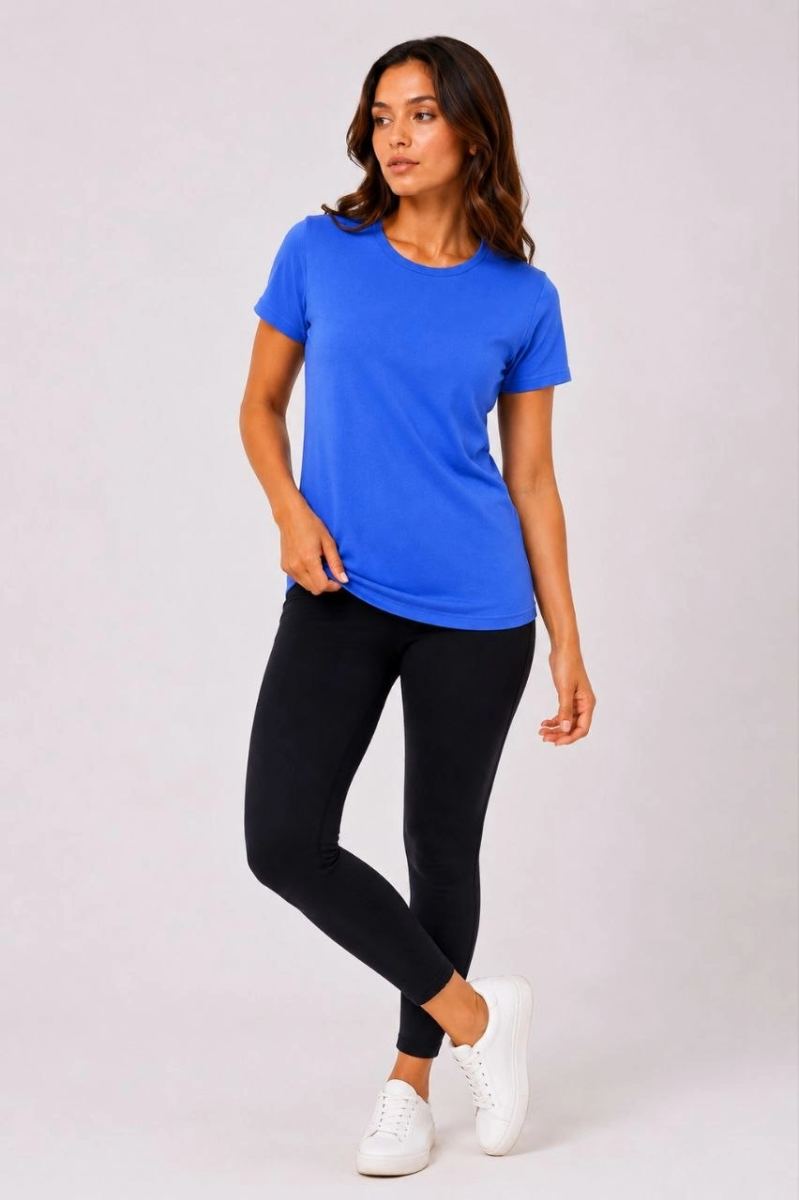 Kadın Basic Tişört Bisiklet Yaka Kısa Kol Günlük Yazlık Slim fit T-Shirt - Mavi