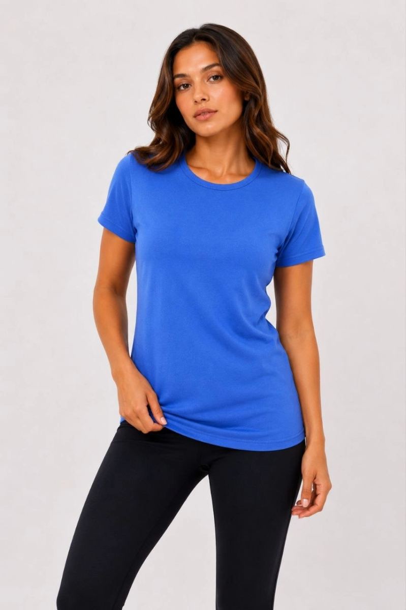 Kadın Basic Tişört Bisiklet Yaka Kısa Kol Günlük Yazlık Slim fit T-Shirt - Mavi
