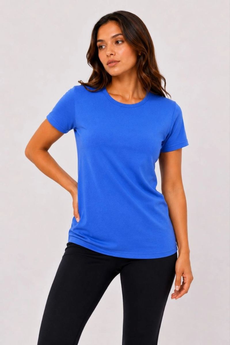 Kadın Basic Tişört Bisiklet Yaka Kısa Kol Günlük Yazlık Slim fit T-Shirt - Mavi