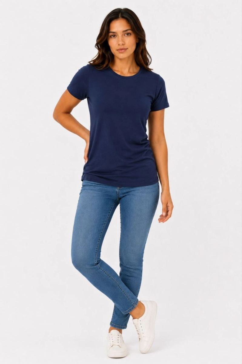 Kadın Basic Tişört Bisiklet Yaka Kısa Kol Günlük Yazlık Slim fit T-Shirt - Lacivert