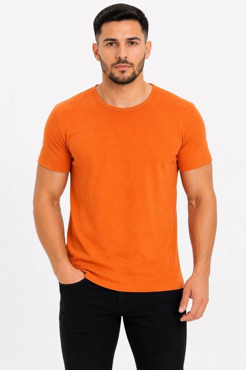 Erkek Basic Tişört Bisiklet Yaka Kısa Kol Günlük Yazlık Slim fit T-Shirt - Turuncu