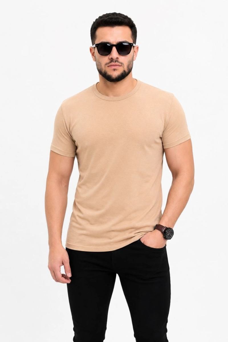 Erkek Basic Tişört Bisiklet Yaka Kısa Kol Günlük Yazlık Slim fit T-Shirt - Bej