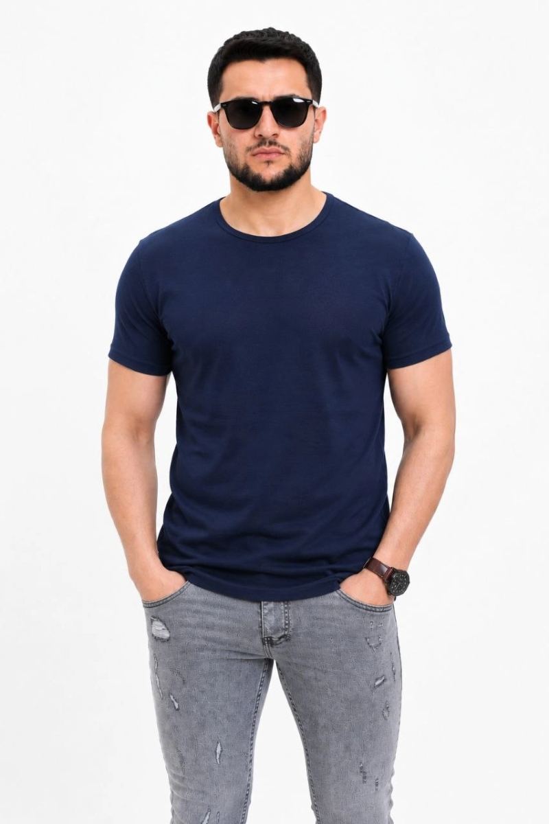 Erkek Basic Tişört Bisiklet Yaka Kısa Kol Günlük Yazlık Slim fit T-Shirt - Lacivert